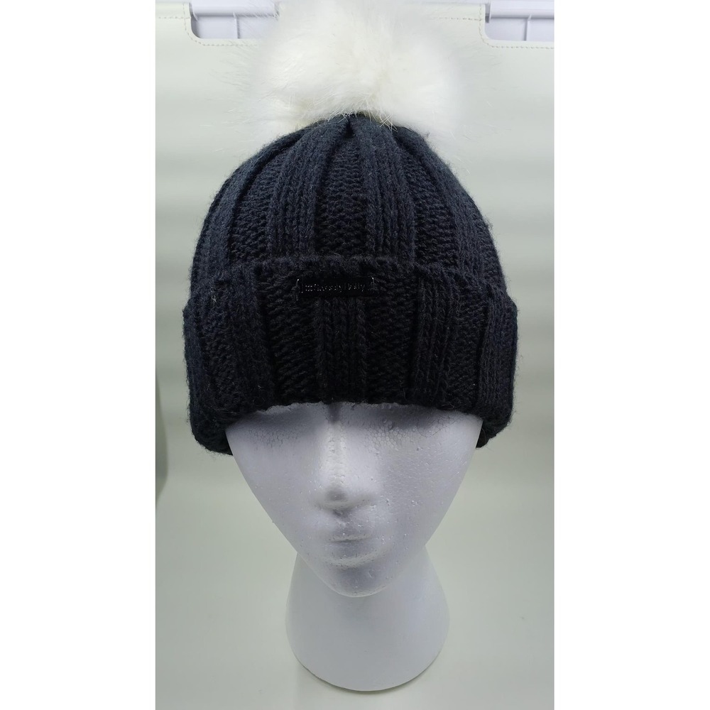 Sweaty‎ Betty Hat Beanie Fitted One Size Black White Pom Faux Fur Womens